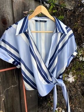Zara Light Blue Navy White Striped Tie-Wrap Top